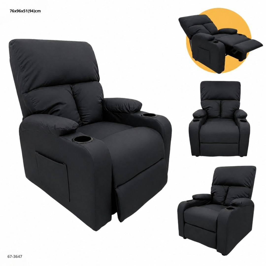 SOFA RECLINABLE CON PORTAVASO CUERINA NEGRO