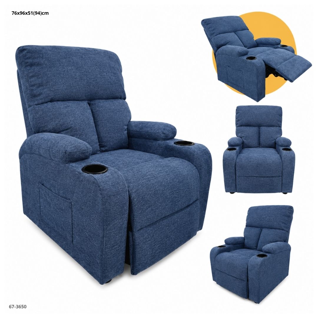 SOFA RECLINABLE CON PORTAVASO DE TELA AZUL