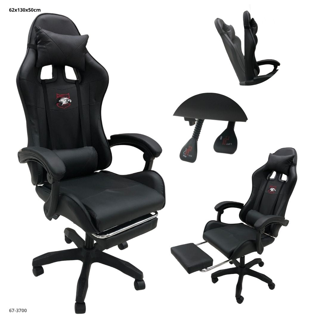 Silla Gaming Reclinable con Reposapiés Negra - vistas y detalles (67-3700)