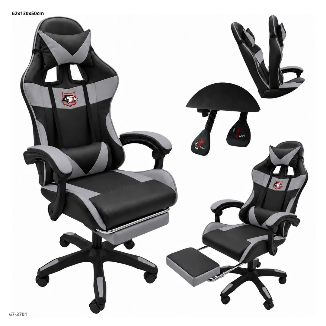 Silla Gaming Reclinable con Reposapiés Negro/Gris - vistas y detalles (67-3701)