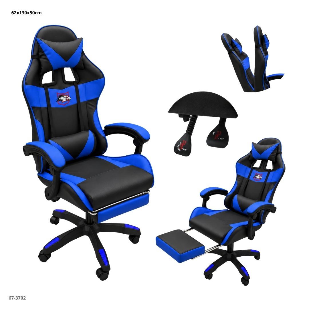 Silla Gaming Reclinable con Reposapiés Negro/Azul - vistas y detalles (67-3702)