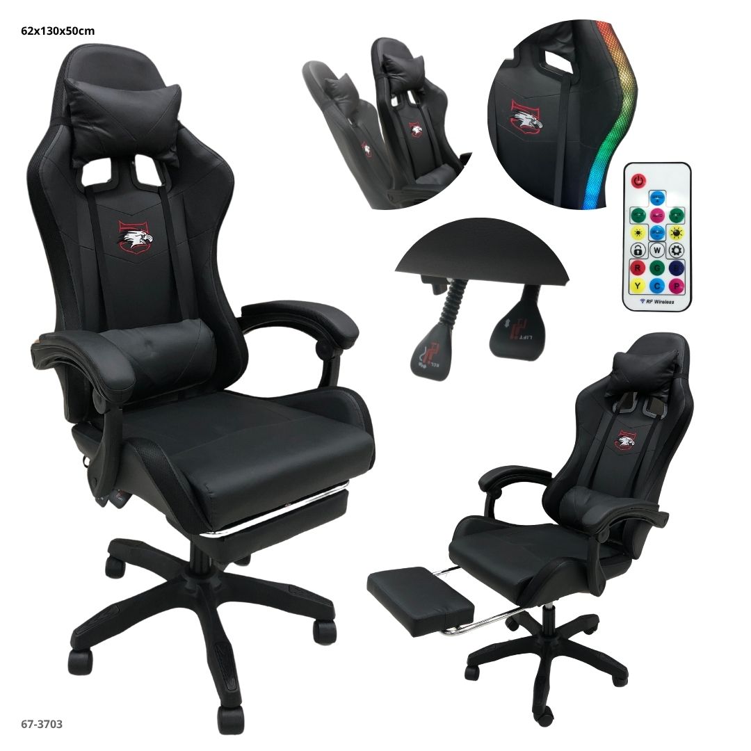 Silla Gaming LED RGB con Reposapiés y Control Negra - vistas y detalles (67-3703)