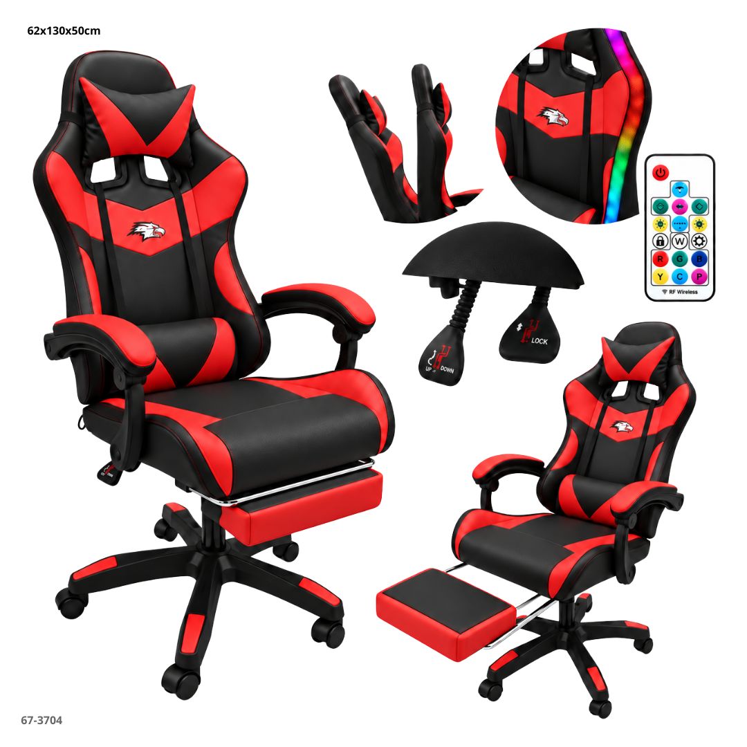 Silla Gaming LED RGB con Reposapiés y Control Negro/Rojo - vistas y detalles (67-3704)