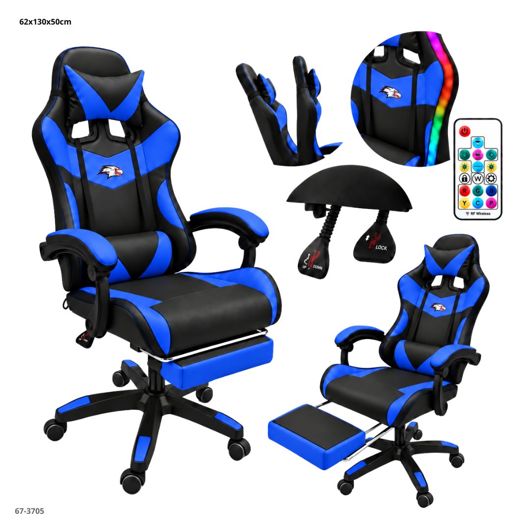 Silla Gaming LED RGB con Reposapiés y Control Negro/Azul - vistas y detalles (67-3705)