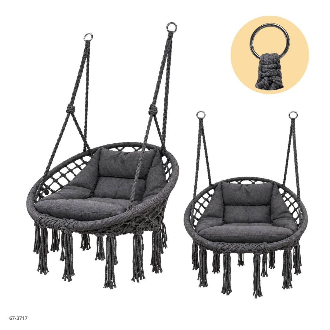Silla Hamaca Colgante Gris de Macramé con Cojín  - Ref. 67-3717