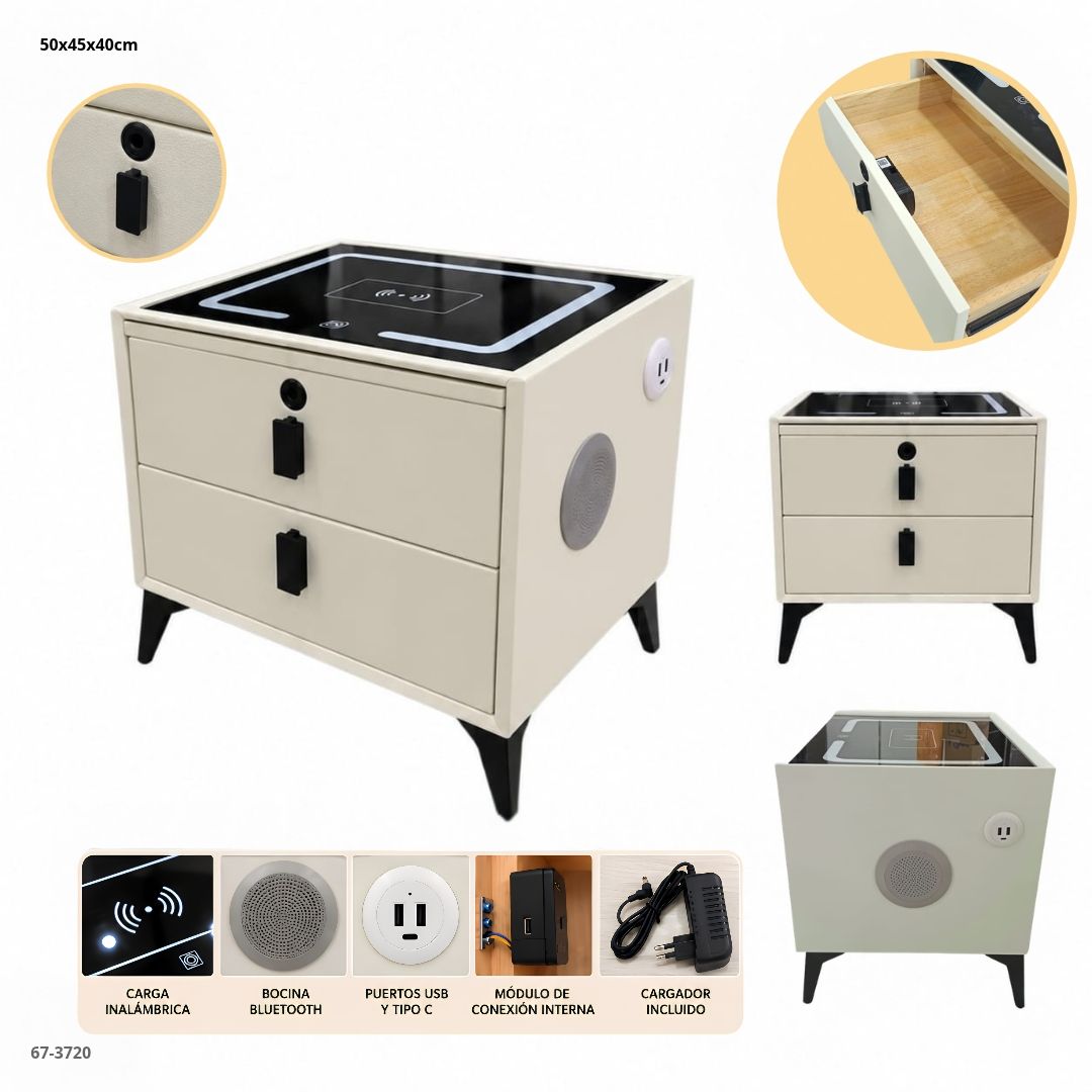Mesita de Noche Inteligente 2 Gavetas con Carga Inalámbrica, Bluetooth y Huella 50x45x40 cm Blanco - vistas y funciones (67-3720)