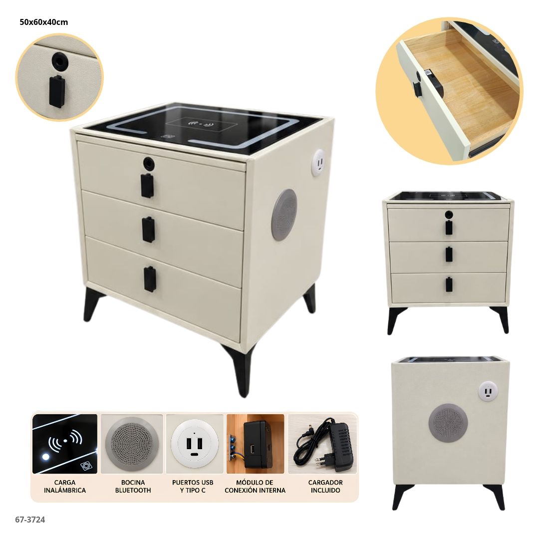 Mesita de Noche Inteligente 3 Gavetas con Carga Inalámbrica, Bluetooth y Huella 50x60x40 cm Blanco - vistas y funciones (67-3724)