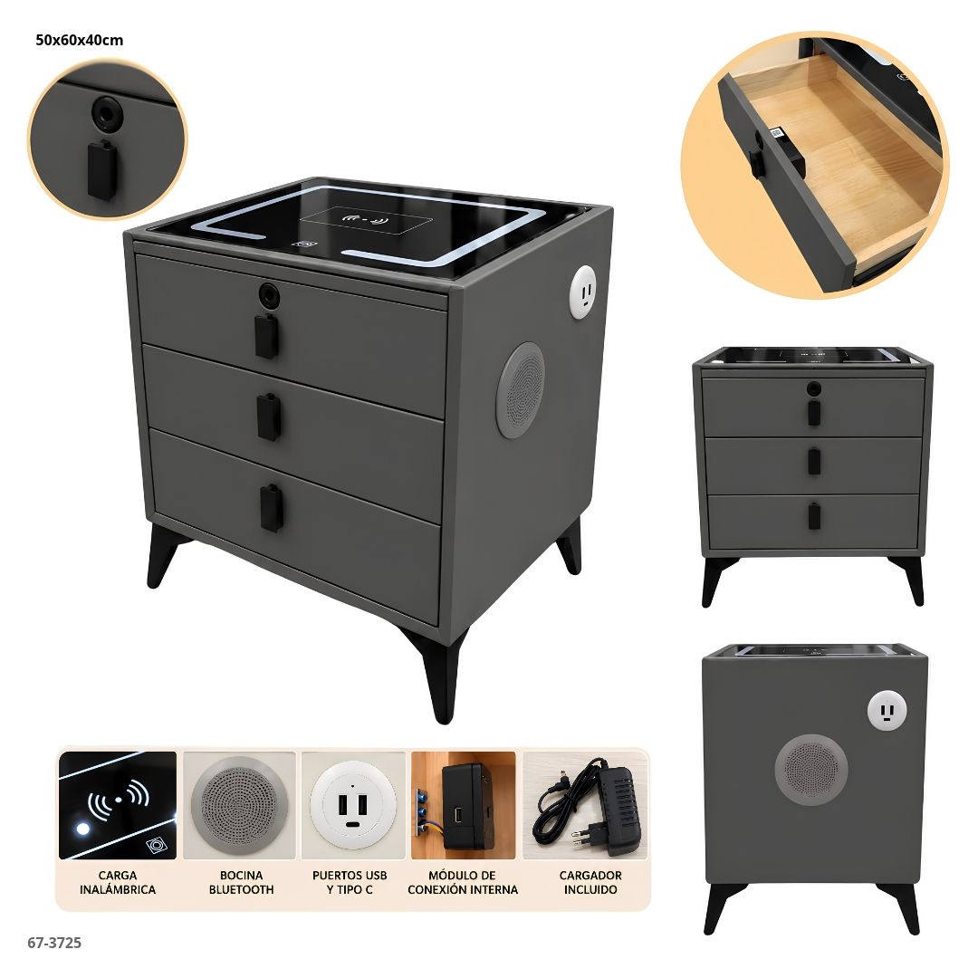 Mesita de Noche Inteligente 3 Gavetas con Carga Inalámbrica, Bluetooth y Huella 50x60x40 cm Gris Oscuro - vistas y funciones (67-3725)