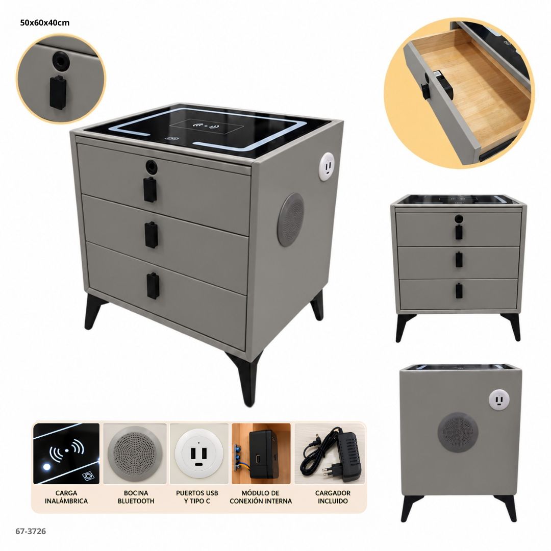 Mesita de Noche Inteligente 3 Gavetas con Carga Inalámbrica, Bluetooth y Huella 50x60x40 cm Gris Claro - vistas y funciones (67-3726)
