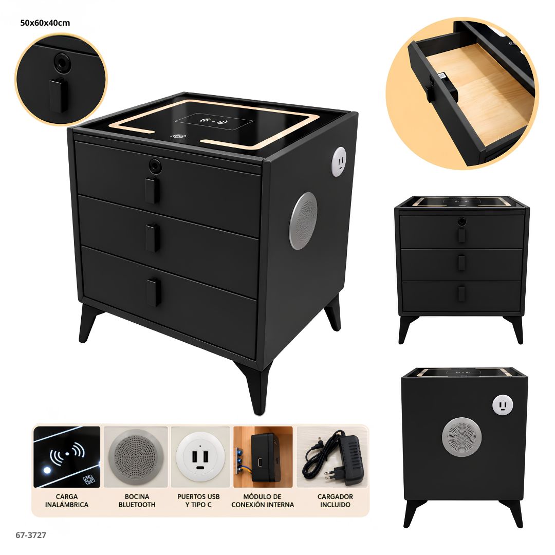 Mesita de Noche Inteligente 3 Gavetas con Carga Inalámbrica, Bluetooth y Huella 50x60x40 cm Negro - vistas y funciones (67-3727)