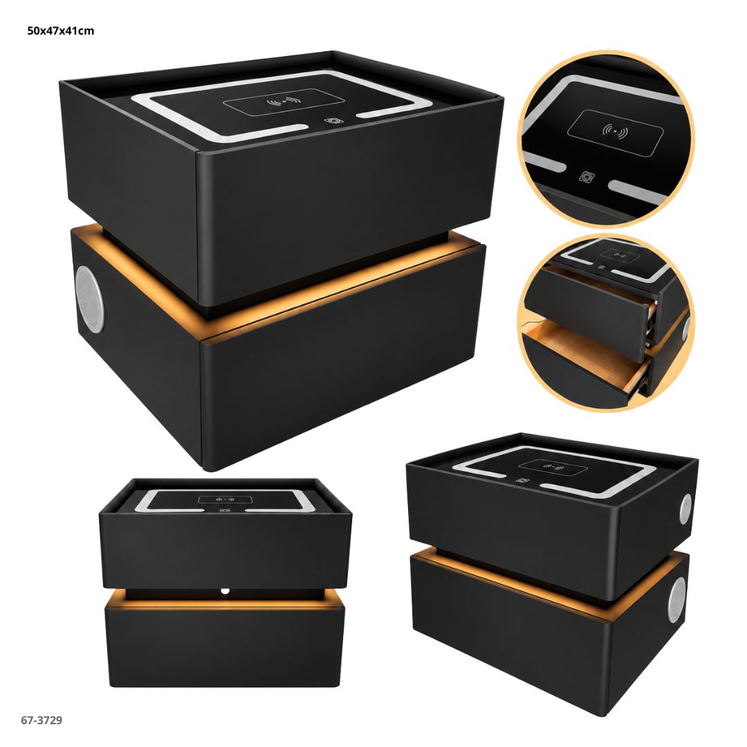 Mesita de Noche Inteligente con Luz Sensor, Carga Inalámbrica y Bluetooth 2 Gavetas 50x47x41 cm Negro - vistas y funciones (67-3729)