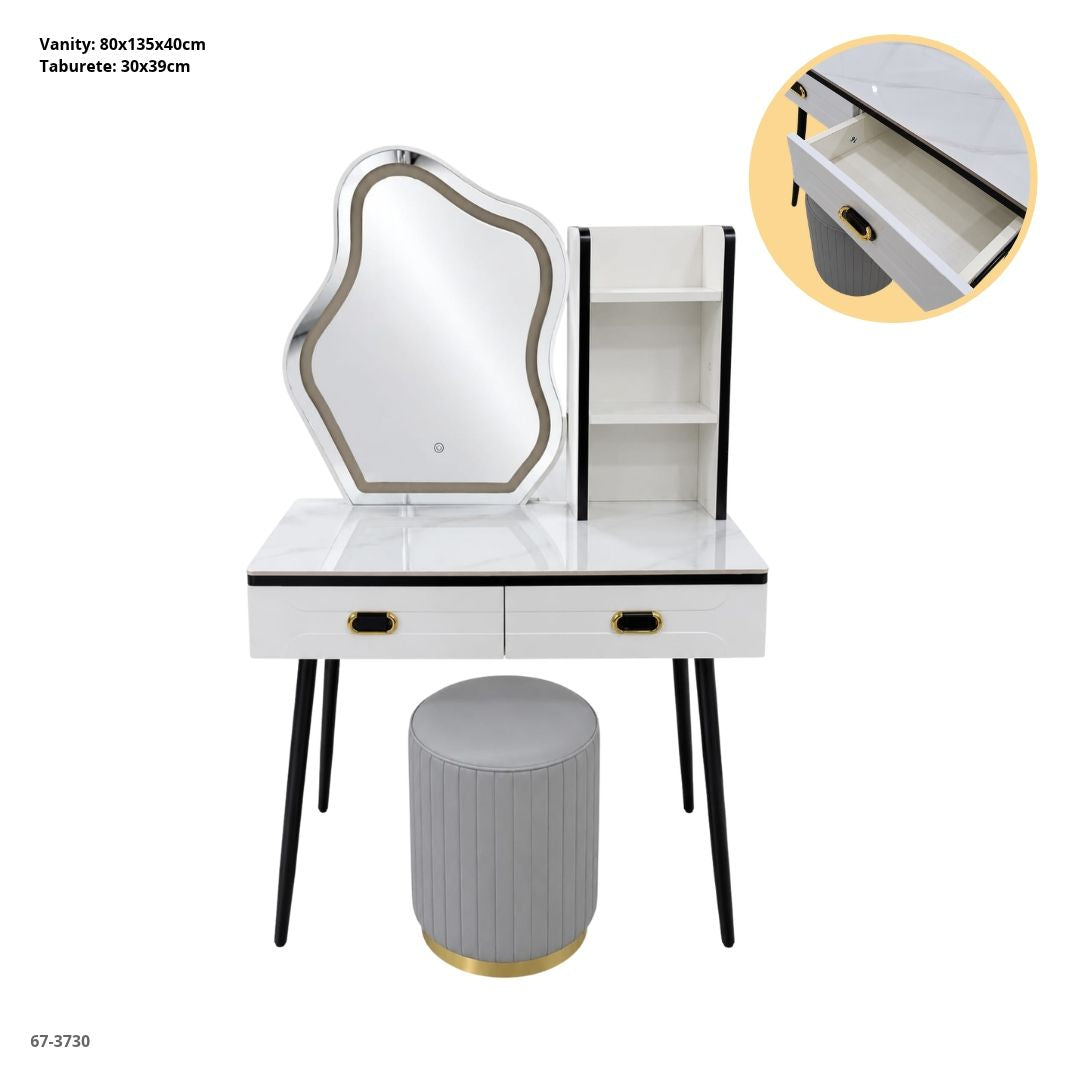 Vanity Blanco con Espejo LED Irregular, Repisa y Taburete 80x135x40 cm - vista frontal con medidas (67-3730)