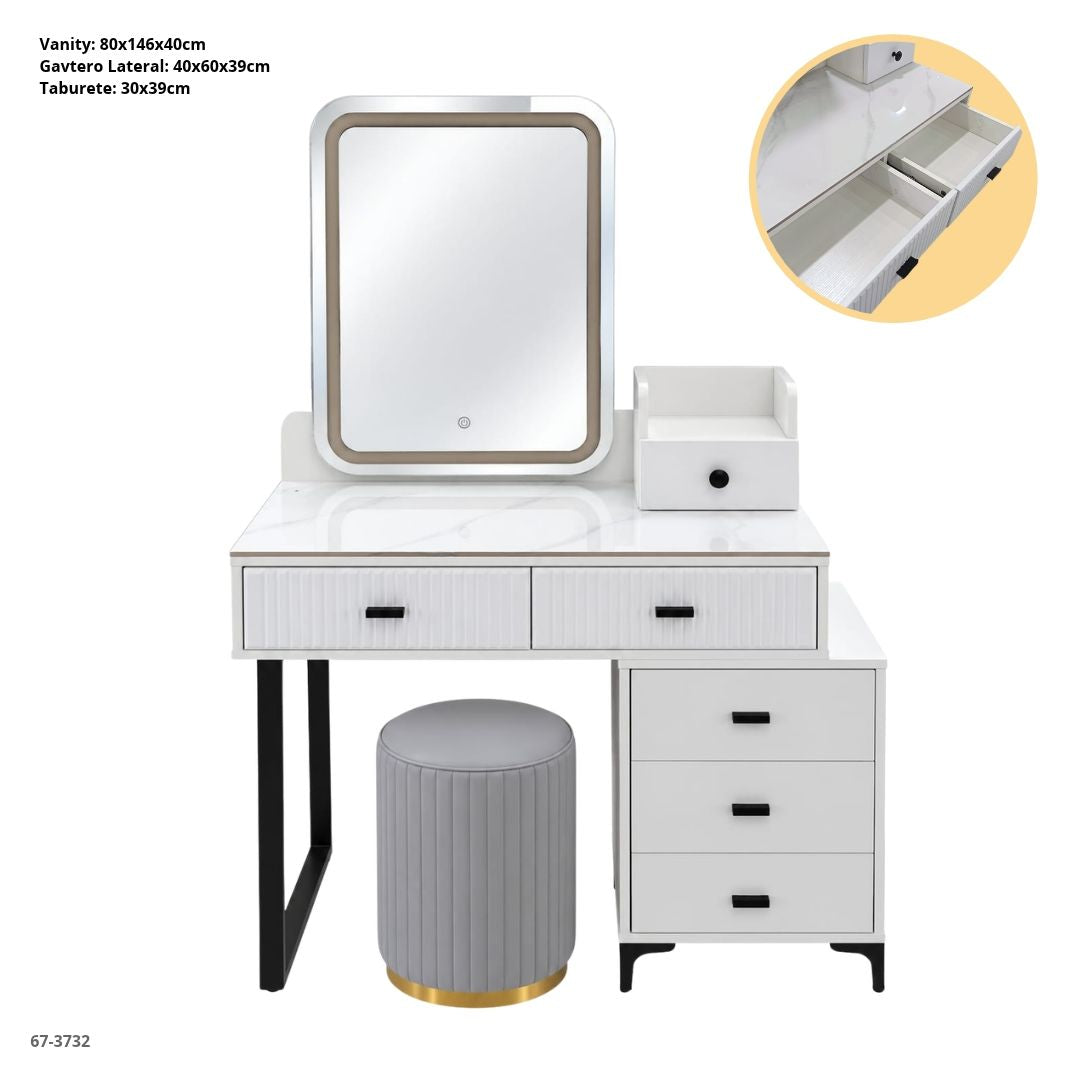 Vanity Blanco con Espejo LED, Gavetero Lateral y Taburete 80x146x40 cm - vista frontal con medidas (67-3732)