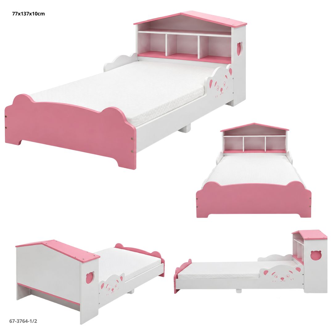 Cama Infantil Rosada con Cabecera Tipo Casita y Colchón 77x137 cm  - Ref. 67-3764-1/2
