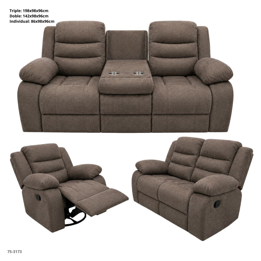 JUEGO DE SOFA CHOCOLATE RECLINABLE DE 3 PZA TELA