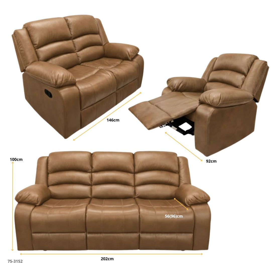 JUEGO DE SOFA CARAMELO RECLINABLE DE 3 PZA CUERO DE AIRE