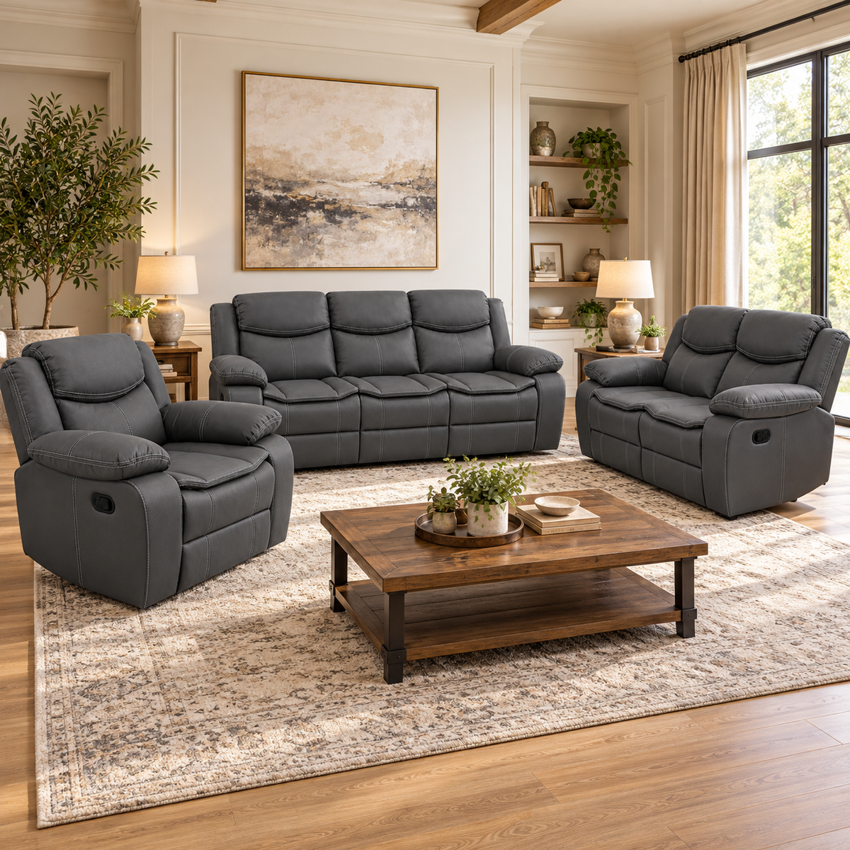 Juego de Sofa Gris Oscuro Reclinable Valerie de 3 Pza Tapiceria Cuero de Aire en ambiente
