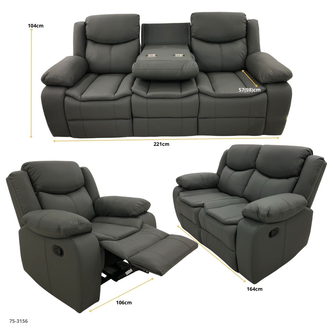 JUEGO DE SOFA GRIS OSCURO RECLINABLE VALERIE  DE 3 PZA TAPICERIA CUERO DE AIRE