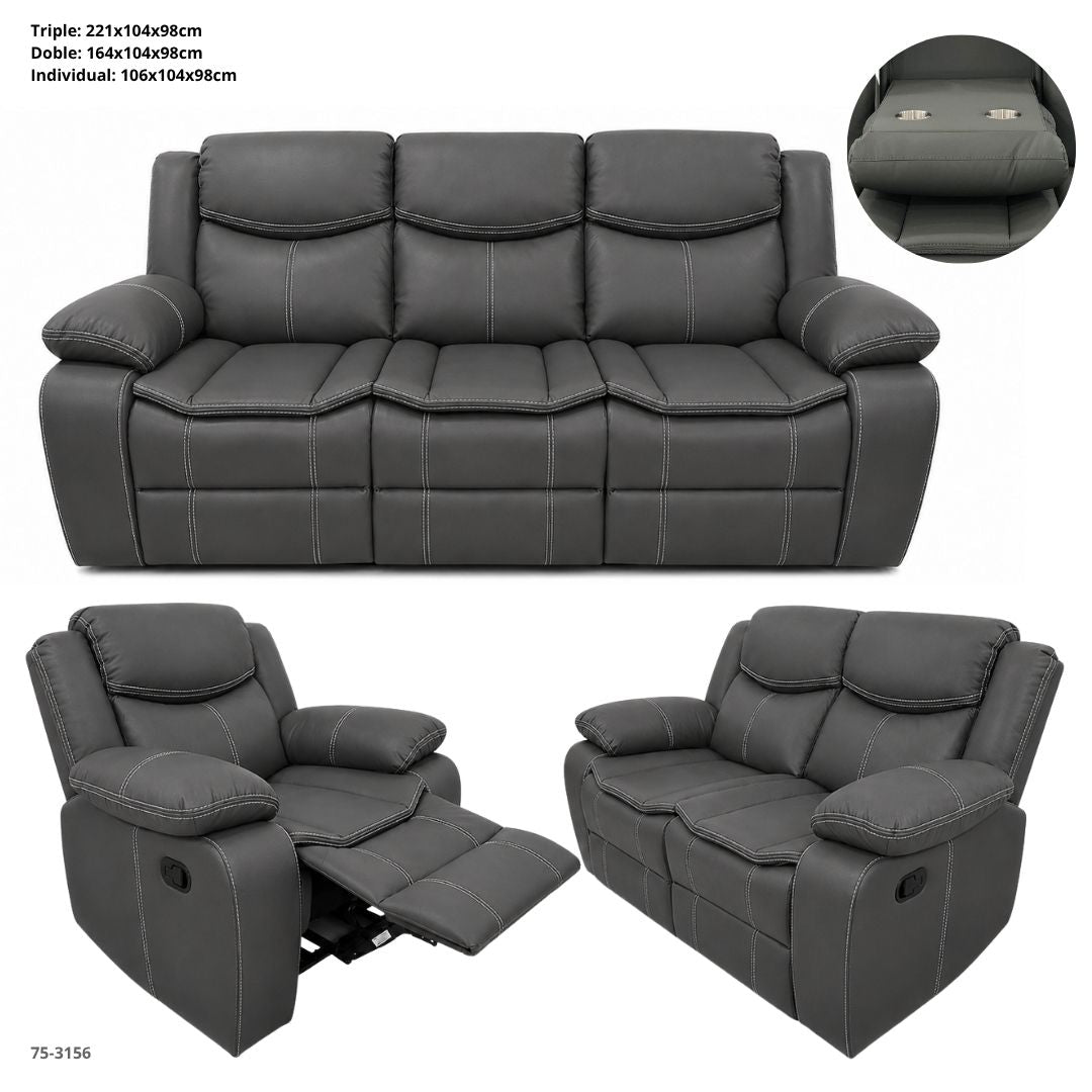JUEGO DE SOFA GRIS OSCURO RECLINABLE VALERIE  DE 3 PZA TAPICERIA CUERO DE AIRE