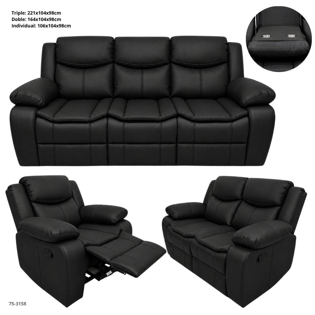 JUEGO DE SOFA NEGRO RECLINABLE VALERIE  DE 3 PZA TAPICERIA CUERO DE AIRE