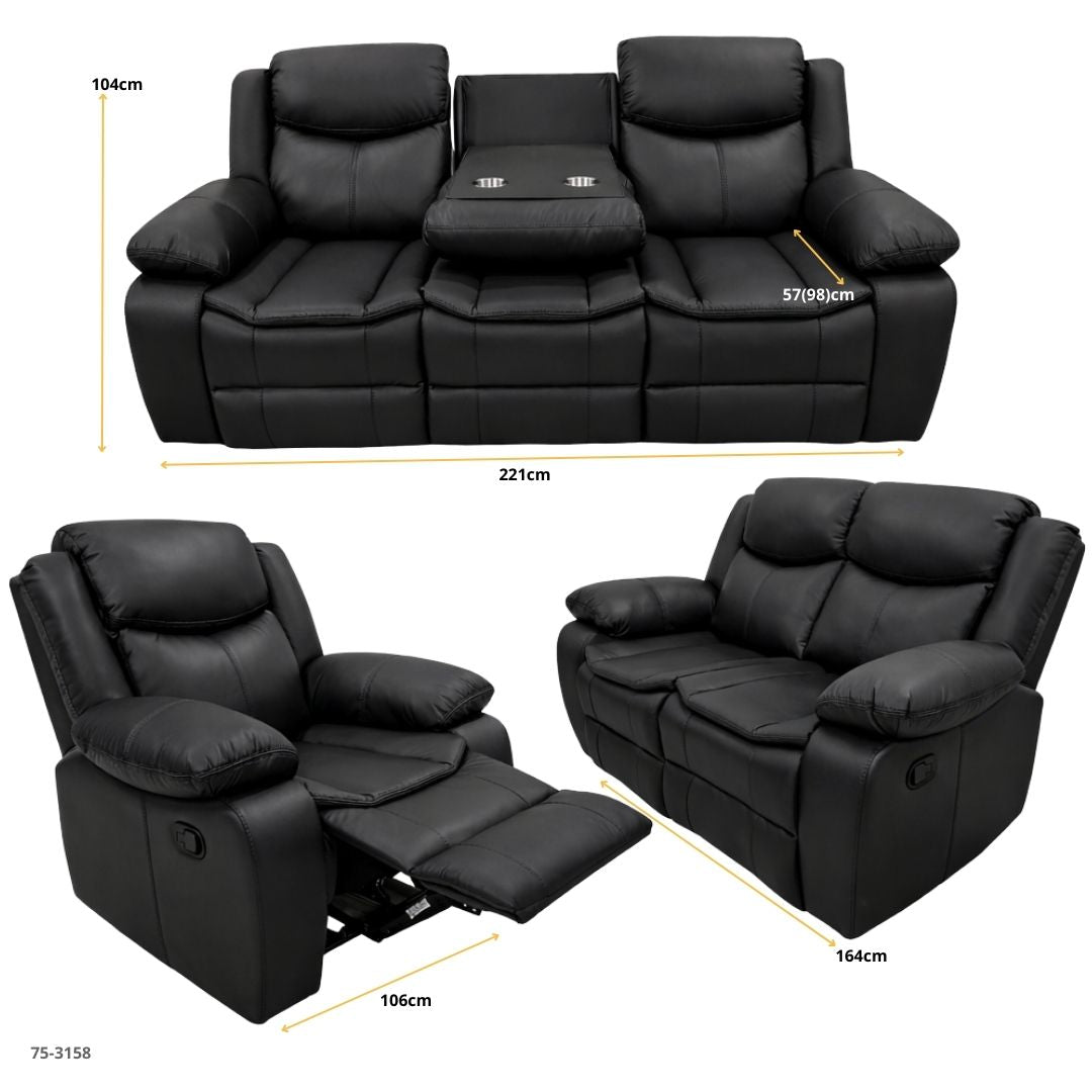 JUEGO DE SOFA NEGRO RECLINABLE VALERIE  DE 3 PZA TAPICERIA CUERO DE AIRE