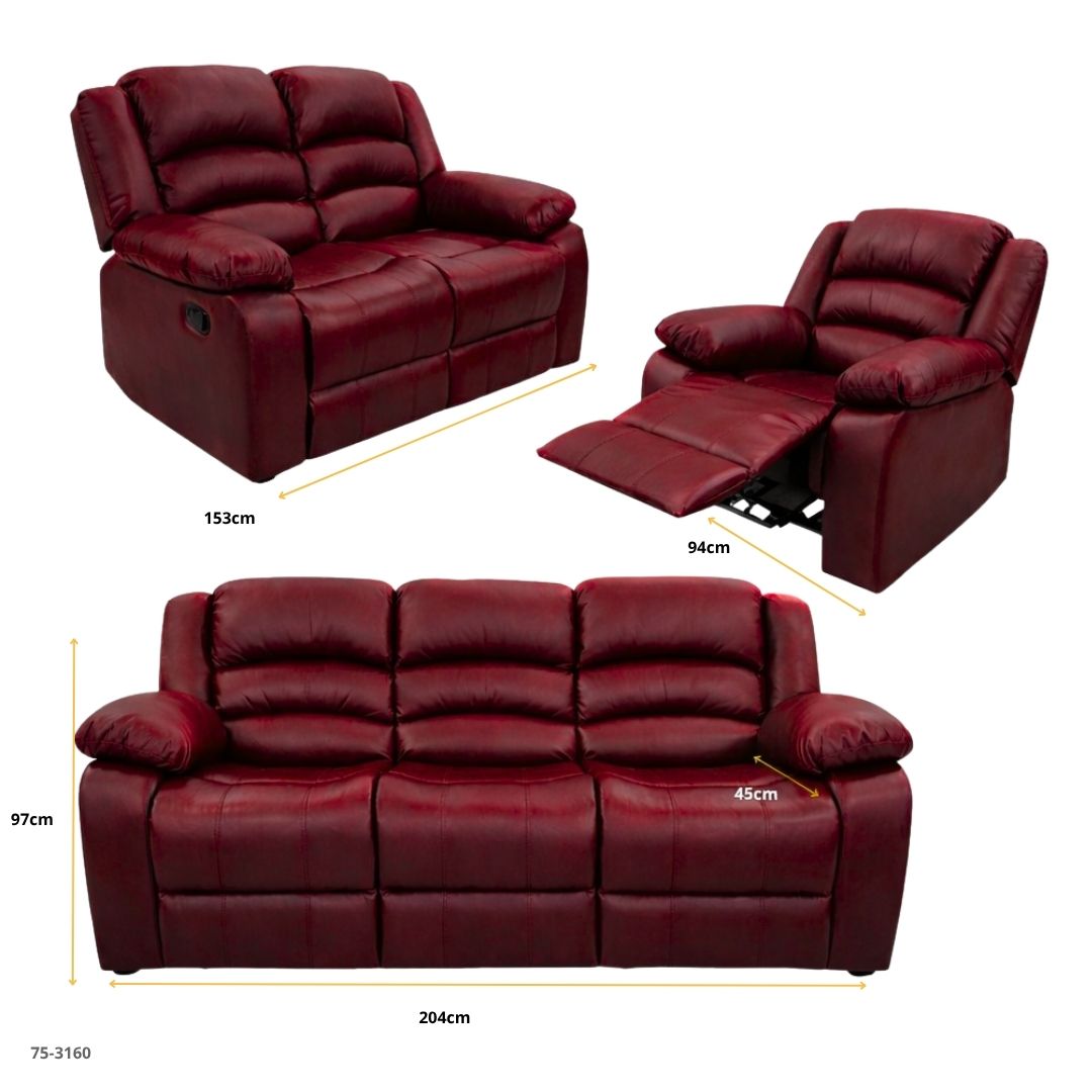JUEGO DE SOFA ROJO VINO RECLINABLE DE 3 PZA CUERO DE AIRE