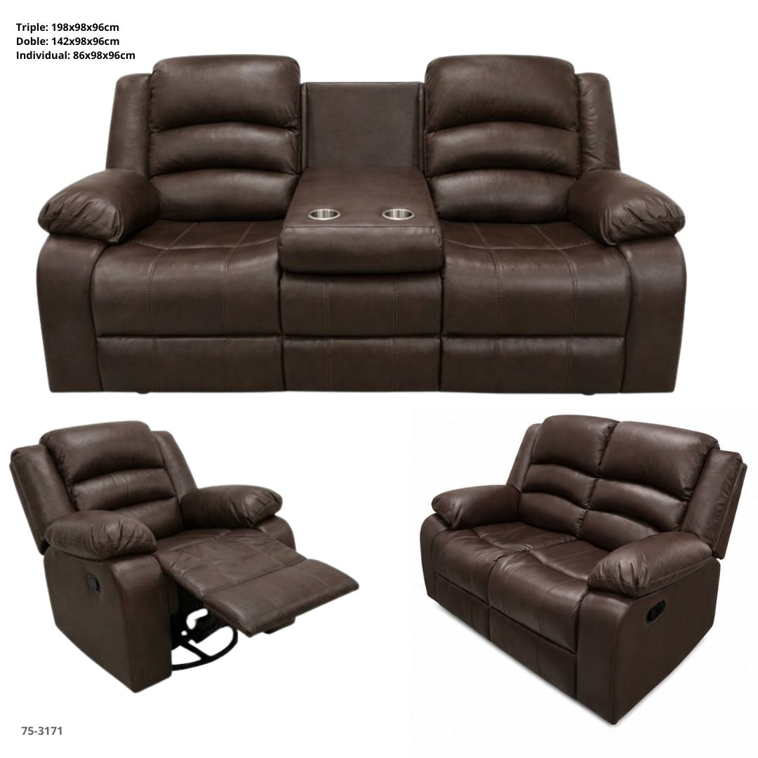 JUEGO DE SOFA CHOCOLATE RECLINABLE DE 3 PZA CUERO DE AIRE