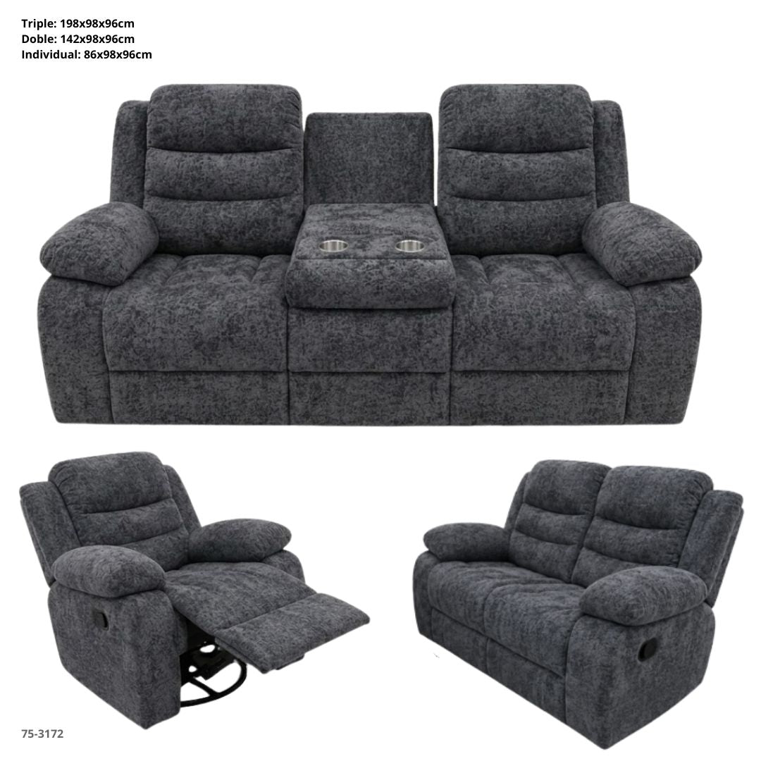 JUEGO DE SOFA GRIS RECLINABLE DE 3 PZA TELA