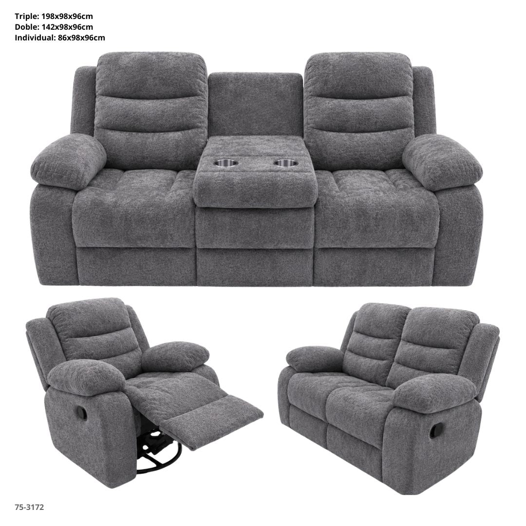 Juego de Sofa Gris Reclinable de 3 Pza Tela