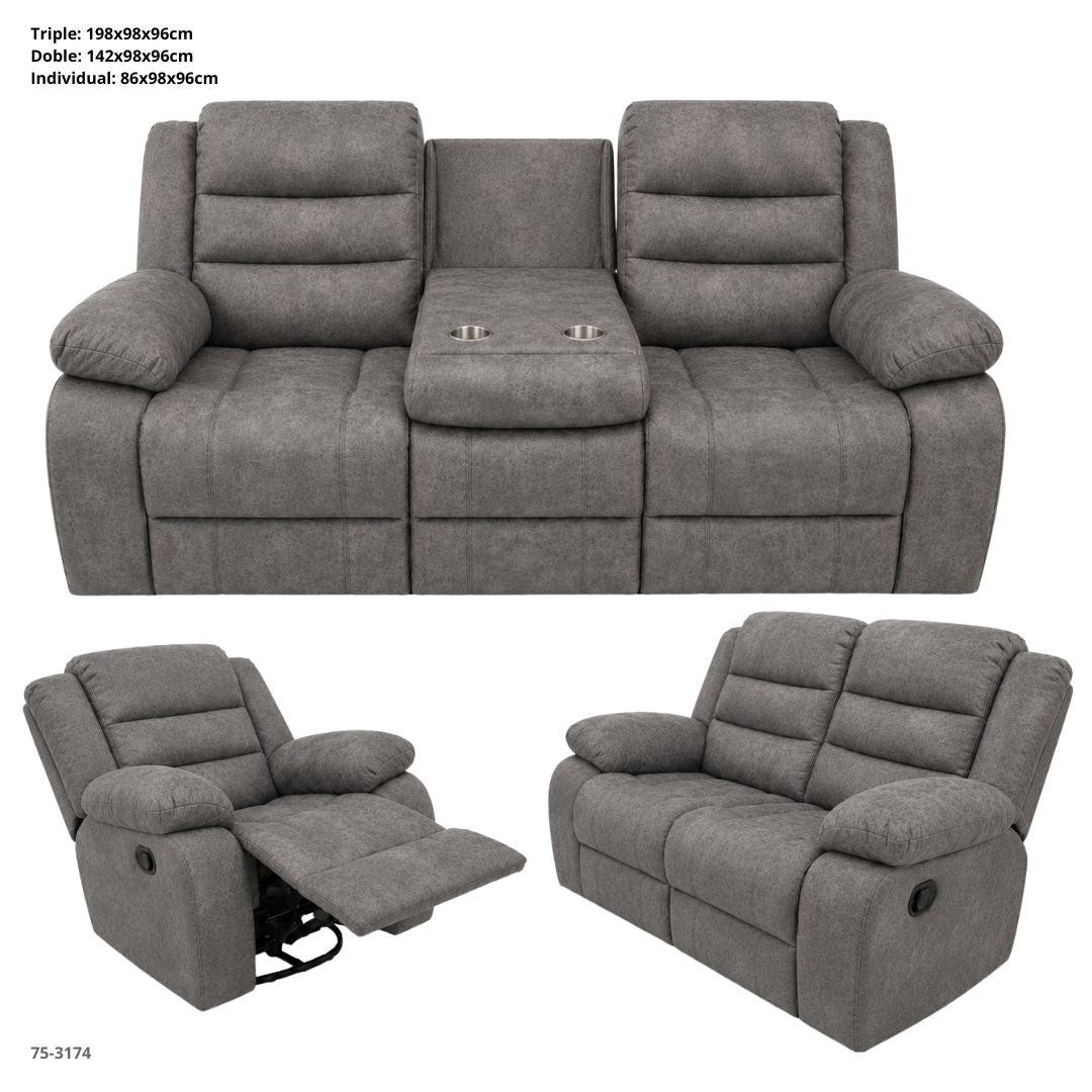 JUEGO DE SOFA GRIS ATE RECLINABLE DE 3 PZA TELA