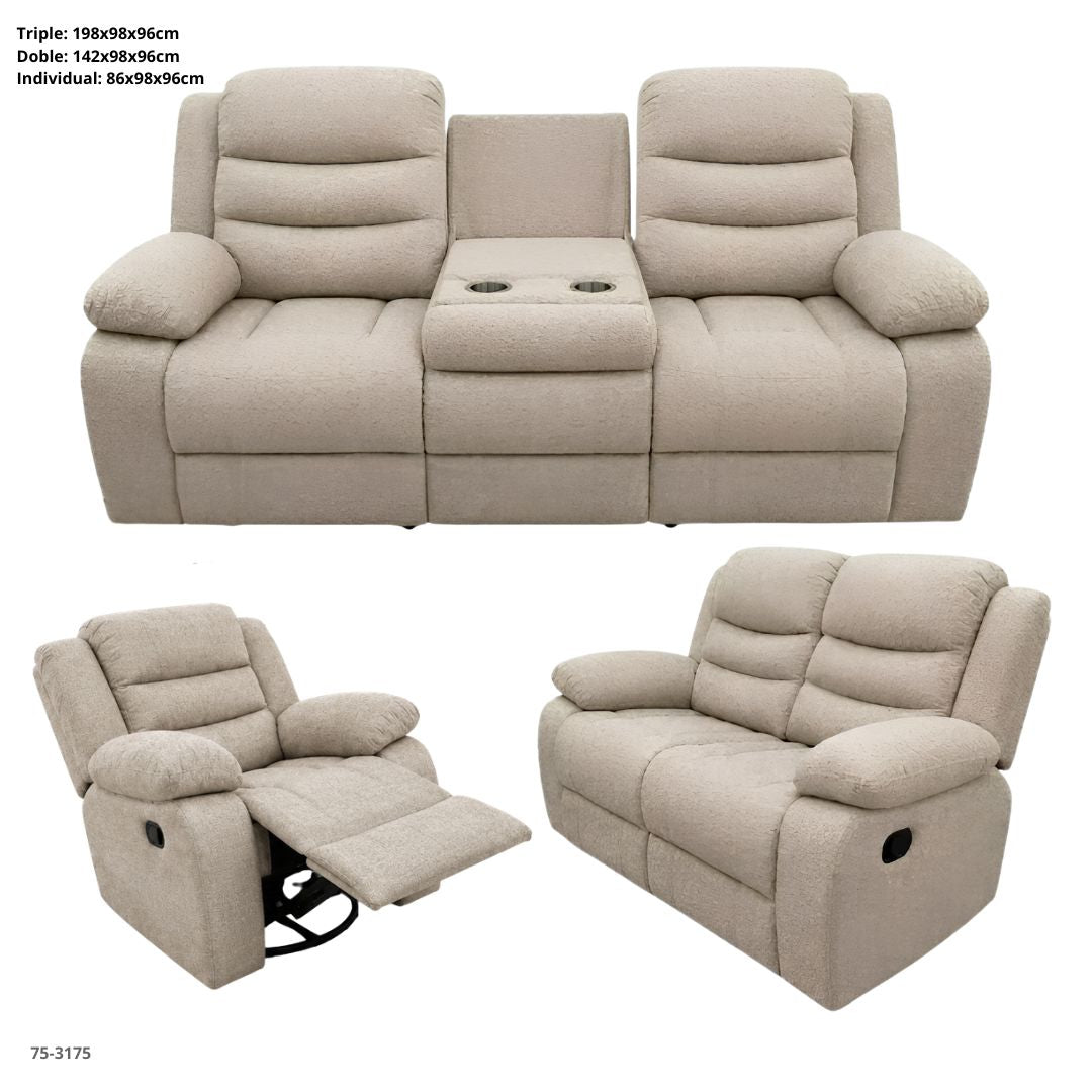 JUEGO DE SOFA BEIGE ATE RECLINABLE DE 3 PZA TELA