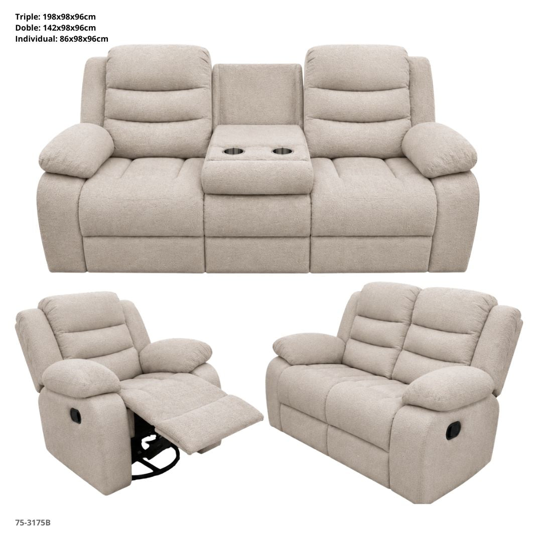 JUEGO DE SOFA BEIGE ATE RECLINABLE DE 3 PZA TELA