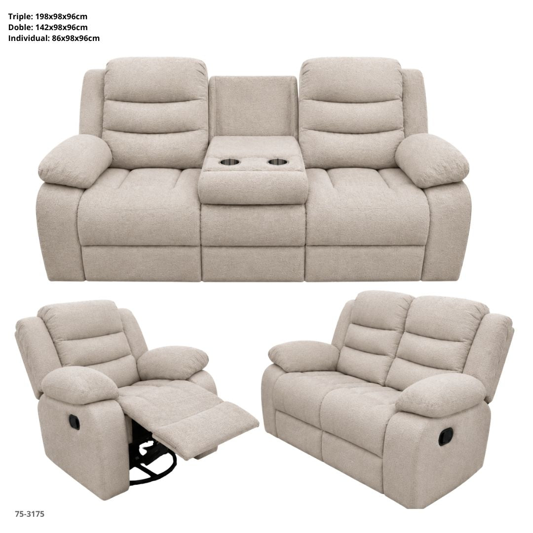 Juego de Sofa Beige Ate Reclinable de 3 Pza Tela