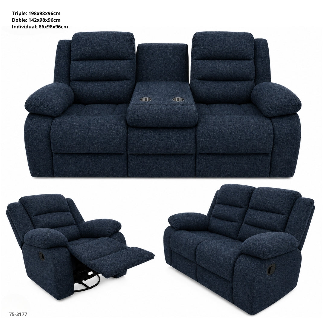 Juego de Sofa Azul Reclinable de 3 Pza Tela