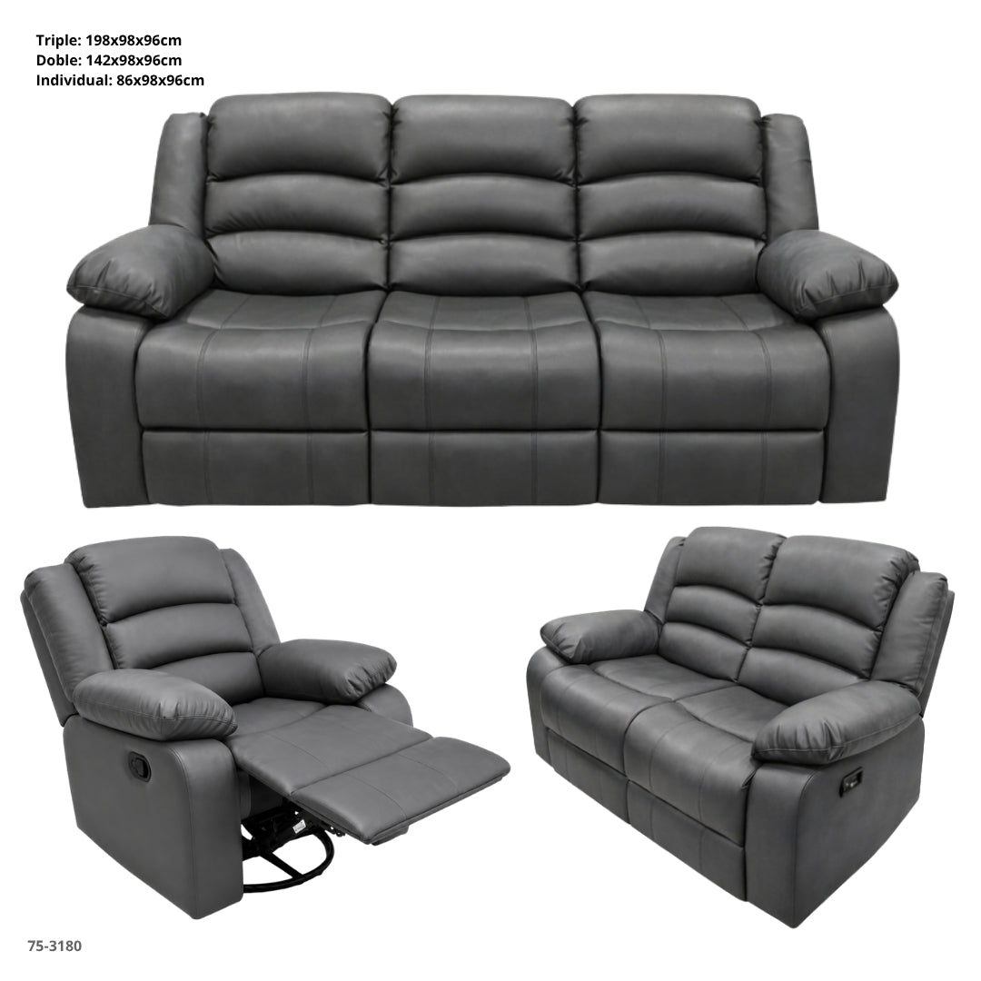 Juego de Sofa Gris Reclinable de 3 Pza Cuero de Aire