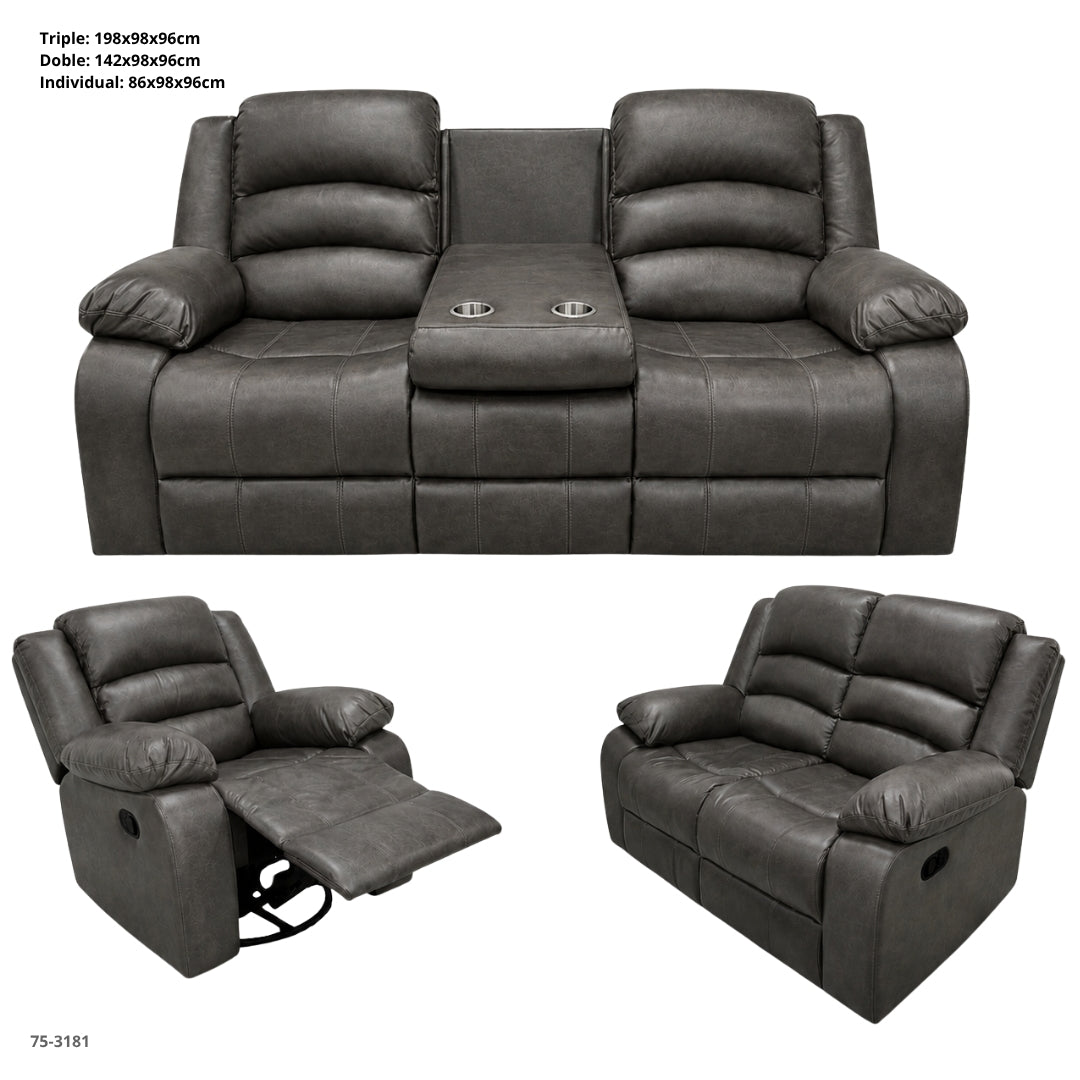 Juego de Sofa Chocolate Reclinable de 3 Pza Cuero de Aire