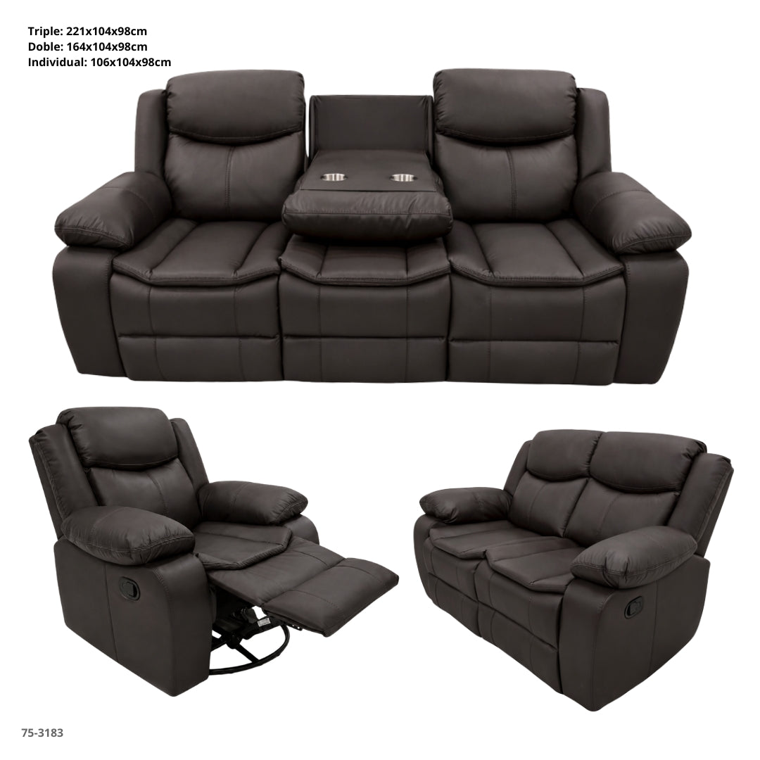 Juego de Sofa Chocolate Reclinable de 3 Pza Tapiceria Cuero de Aire