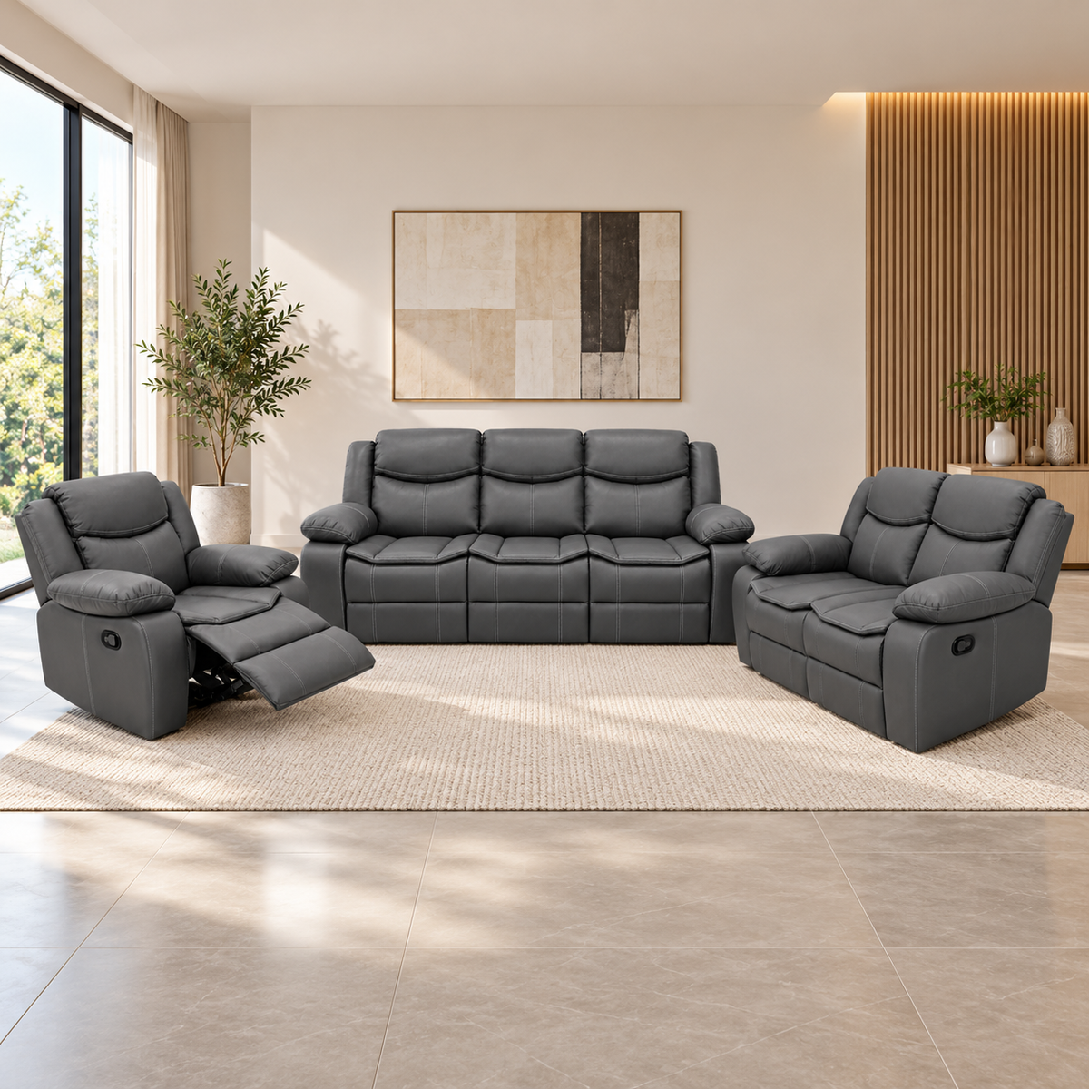 Juego de Sofá Reclinable Valery Gris Oscuro de 3 Piezas en ambiente de sala
