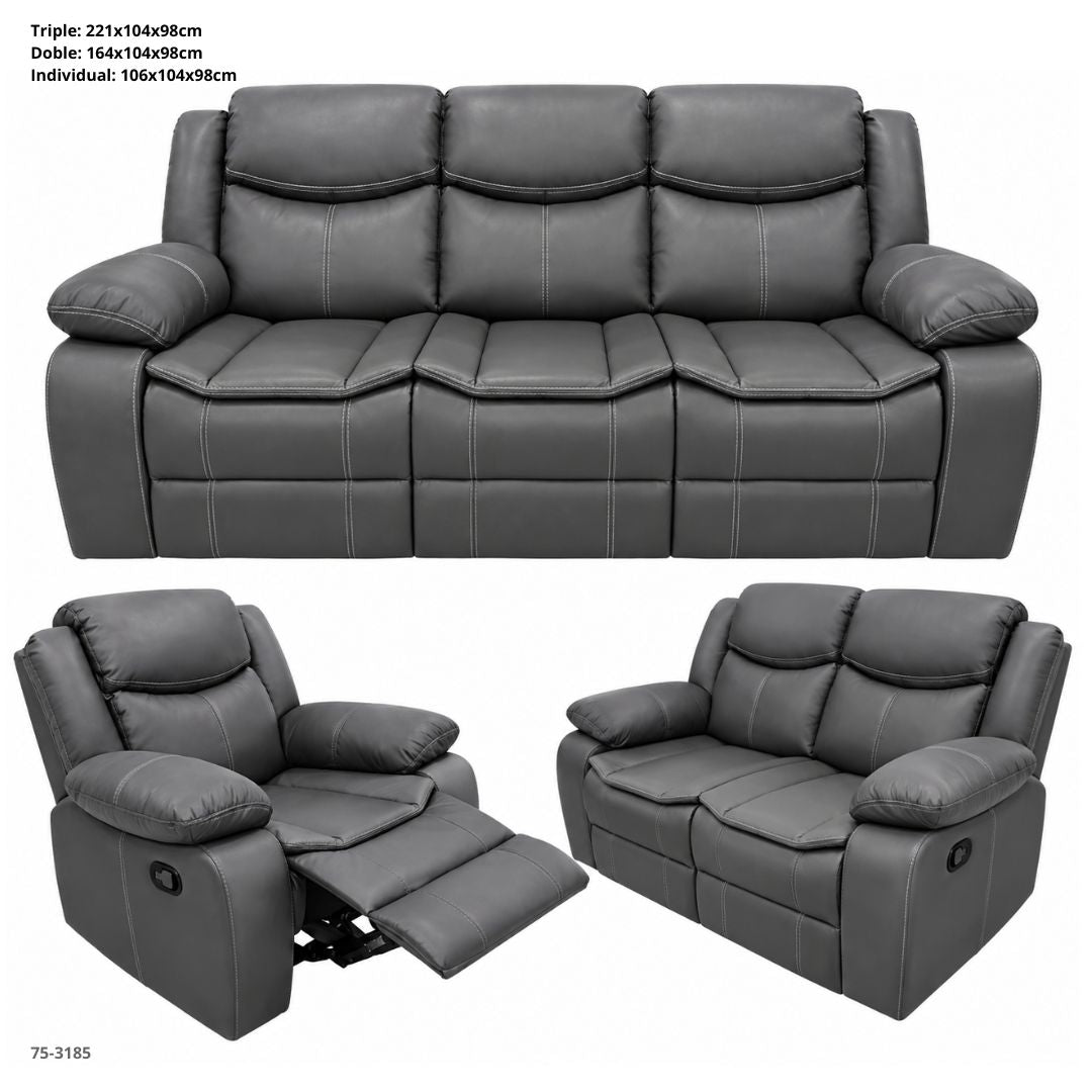 Juego de Sofá Reclinable Valery Gris Oscuro de 3 Piezas 221x104x98 cm - Ref. 75-3185