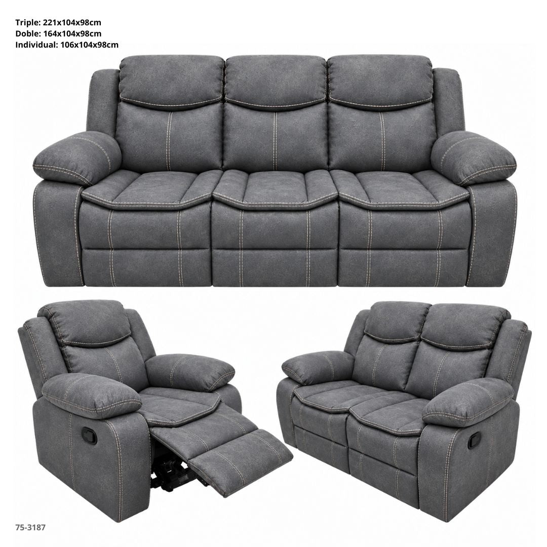 Juego de Sofá Reclinable Valery Chocolate Gris de 3 Piezas 221x104x98 cm - Ref. 75-3187