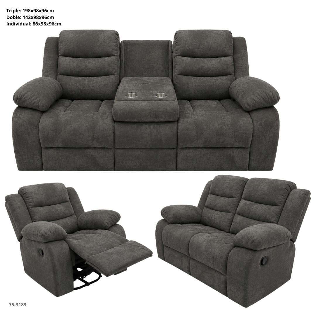 Juego de sofá reclinable 3-2-1 en tela color gris oscuro (75-3189)