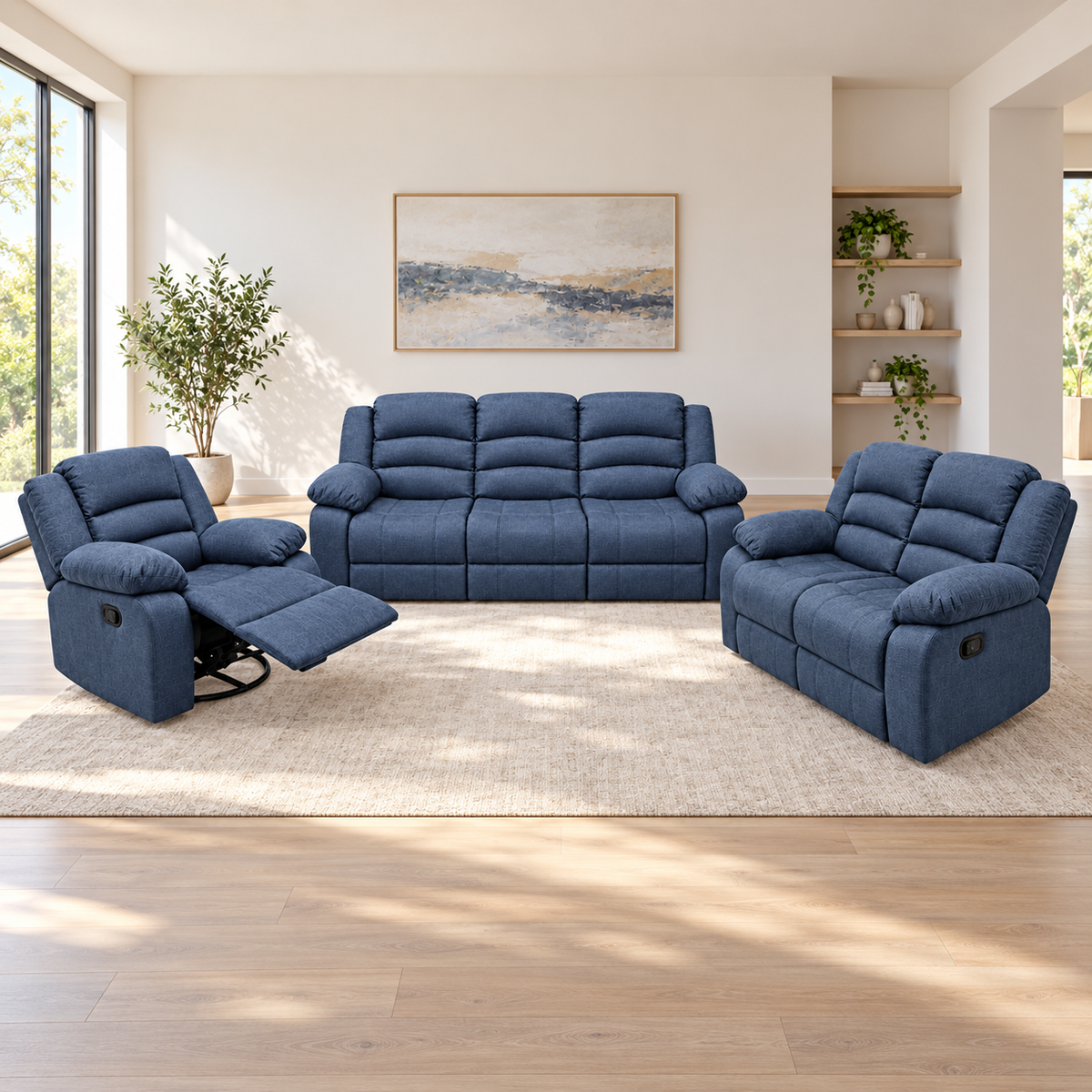 Juego de Sofá Reclinable de Tela Azul de 3 Piezas en ambiente de sala
