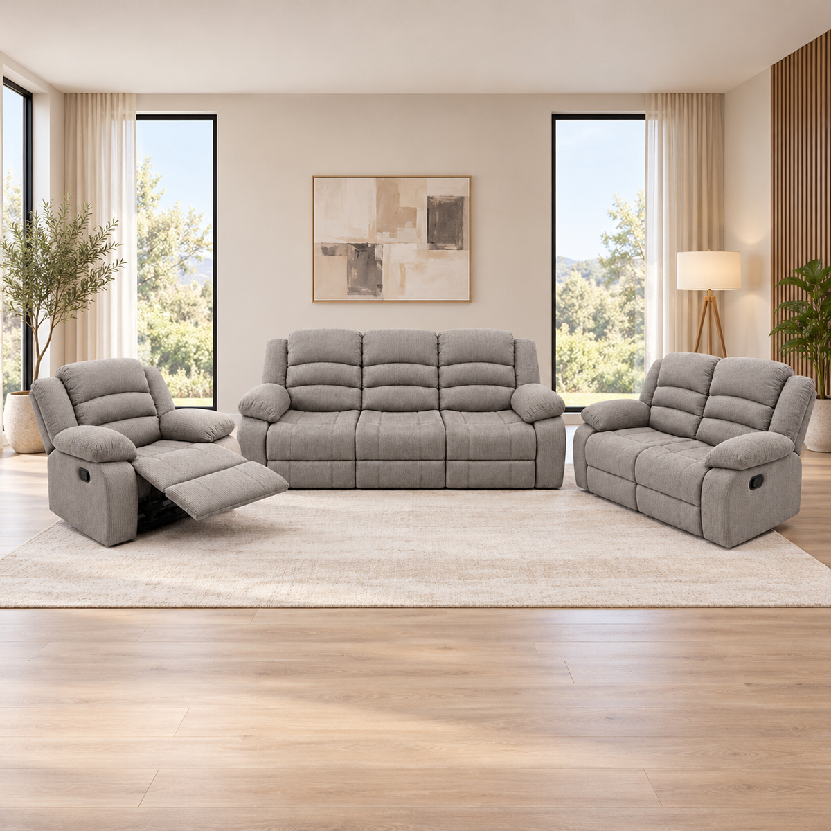 Juego de Sofá Reclinable de Tela Gris Oscuro de 3 Piezas en ambiente de sala