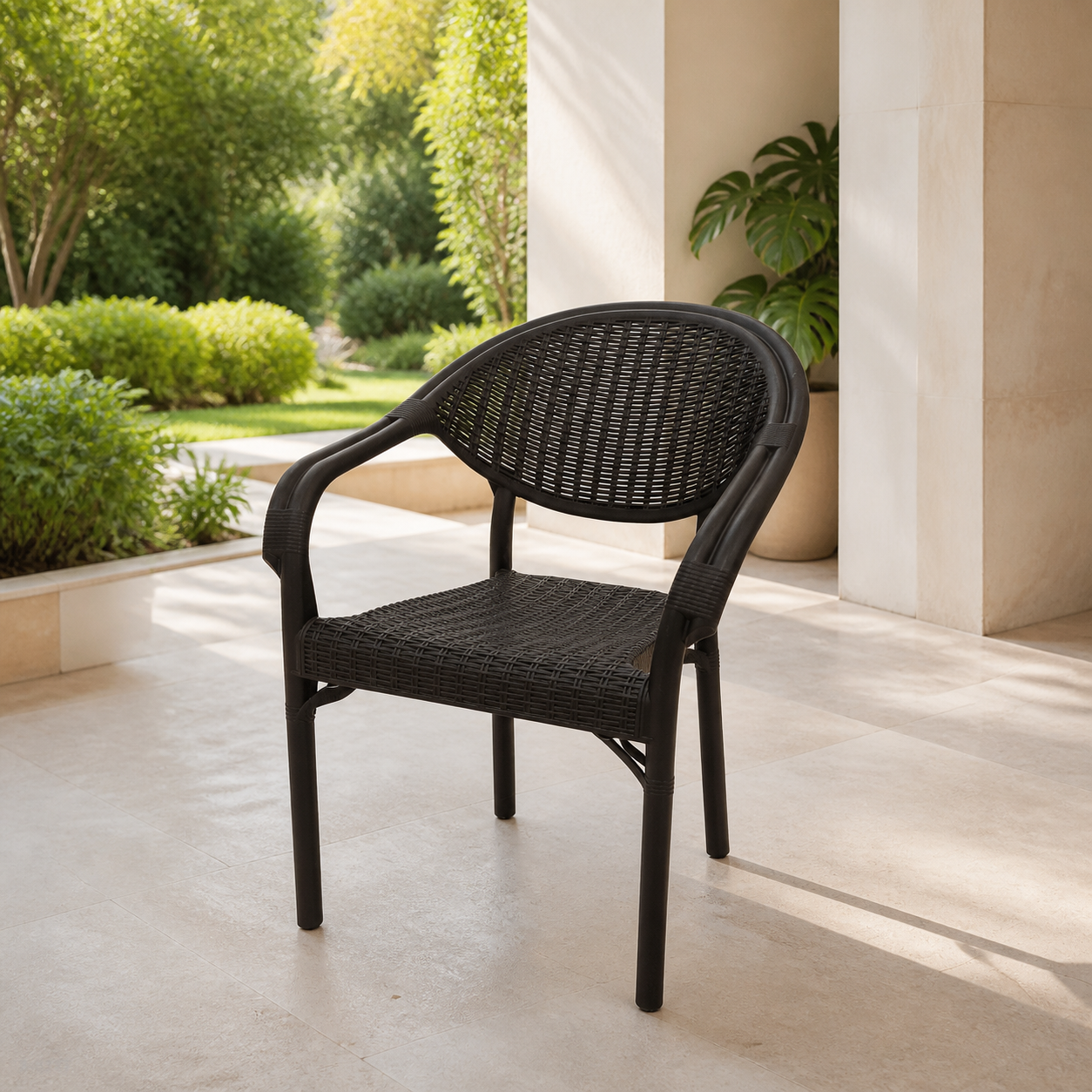 Silla Bambu Rattan Chocolate en ambiente exterior