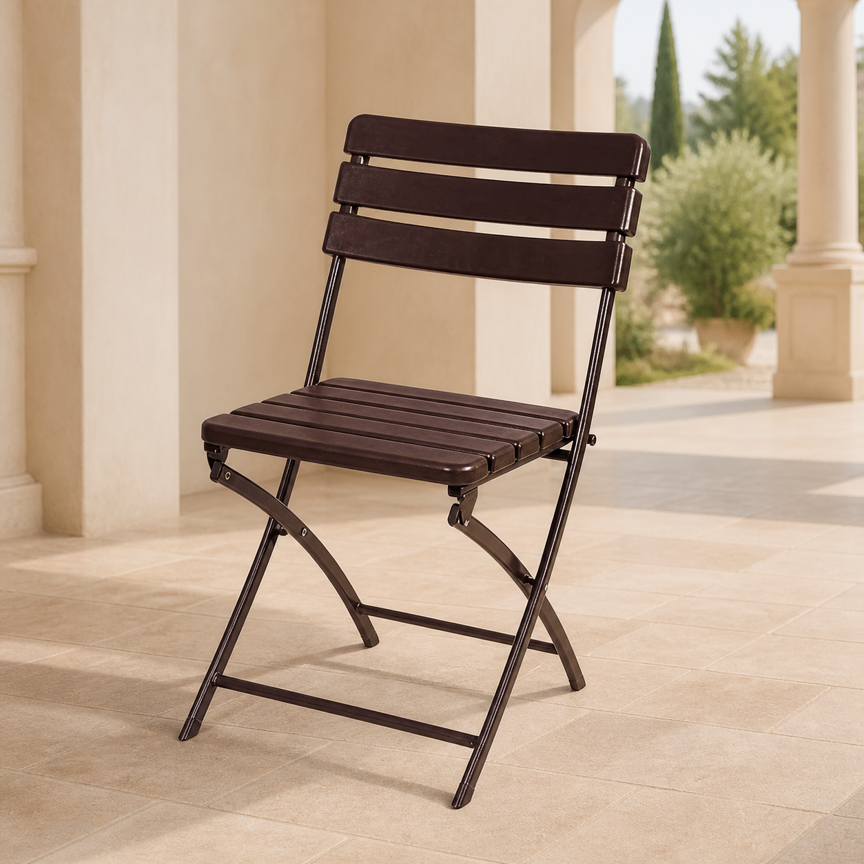 Silla Plegable Plastica Aspecto de Madera Chocolate 57X44.5X80.5CM YC-043 en ambiente exterior