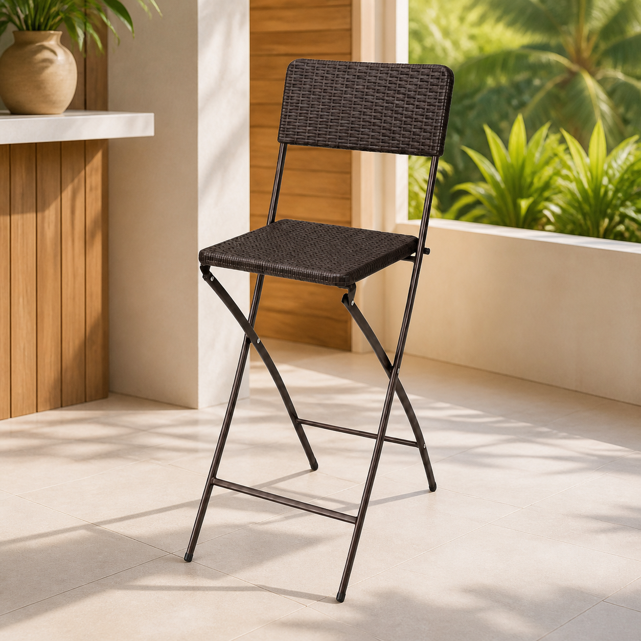 Silla de bar plegable rattan chocolate ambientada