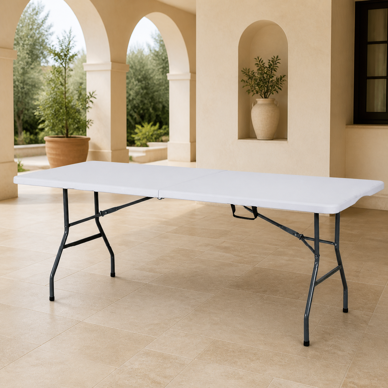 Mesa 6' Plegable De Plastico Esp 4.3 Cm Blanco 180*75*74Cm en ambiente exterior