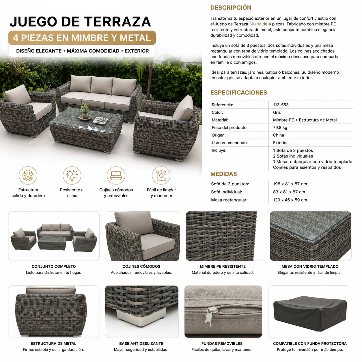 Juego de Terraza Rattan 4PZA Gris