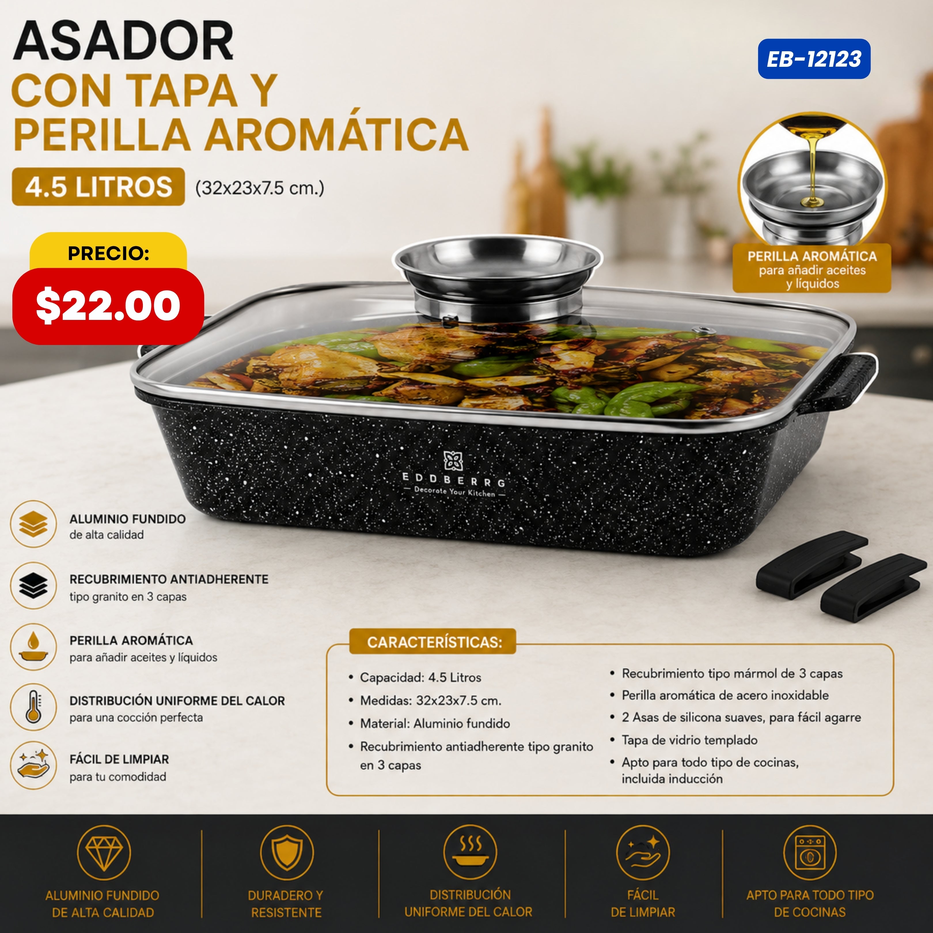 Asador con Tapa y Perilla Aromática 4.5 L Edenberg - características y especificaciones - Ref. EB-12123