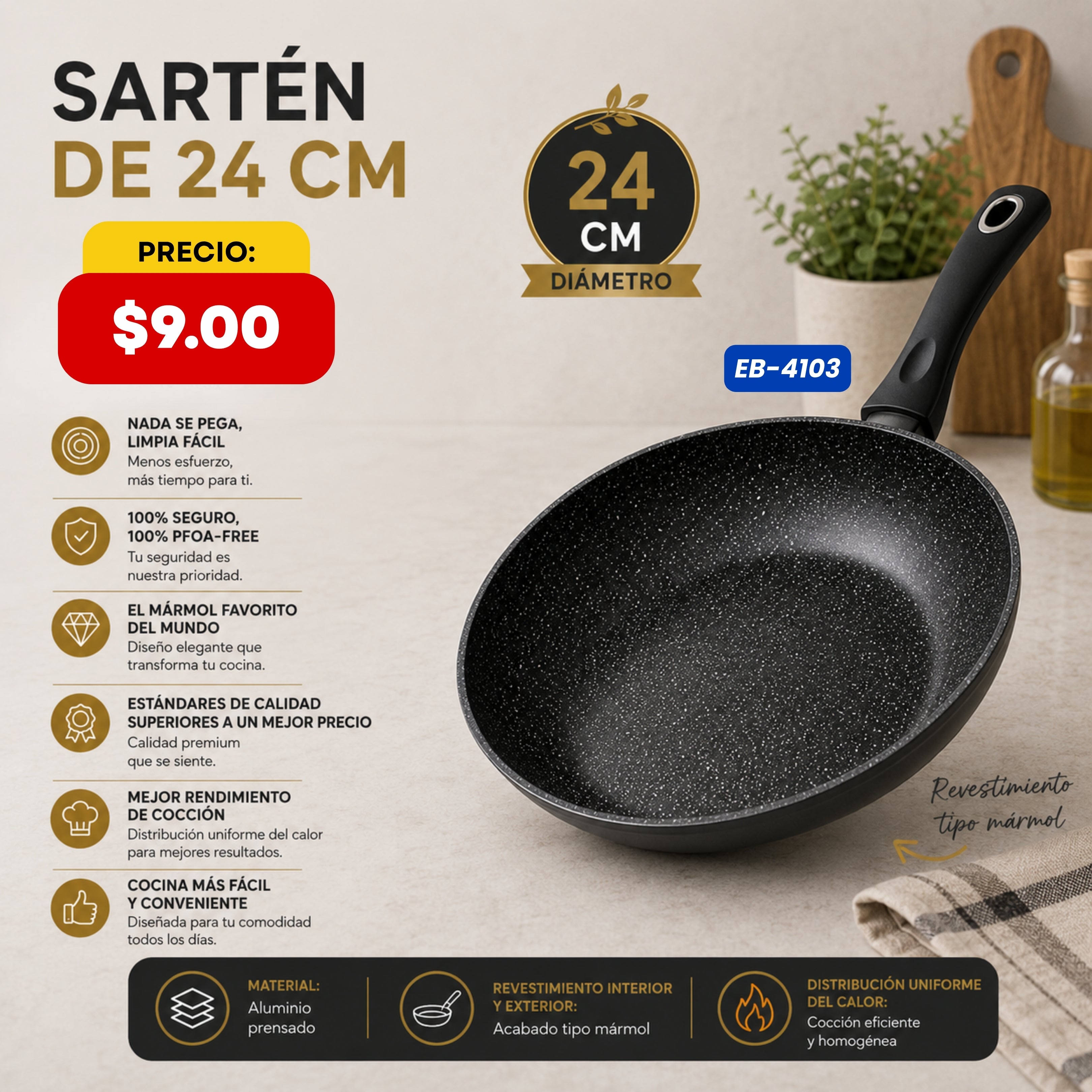 Sartén Antiadherente 24 cm Edenberg - características y especificaciones - Ref. EB-4103